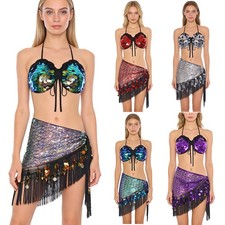 Womens Outfits Costume Dancewear Sequin Set 2-piece Shiny Triangle Dance Chain