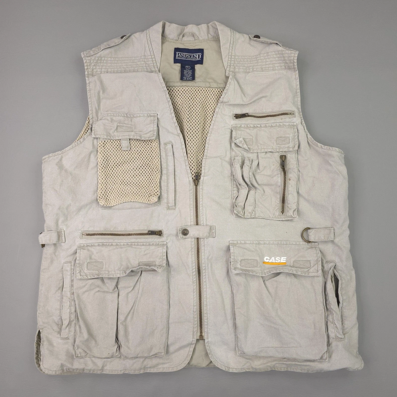 Lands End Vest Mens Large Beige Cotton Mesh Fishing Utility Travel Safari Photo