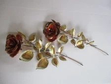 2 Vintage Homeco Copper Brass 14" Long Stem Roses Leaves Metal Wall Art 1970's