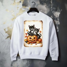 Fall Season Halloween Spook Pumpkin Kitten Fun Whimsical Graphic Cozy Sweatshirt