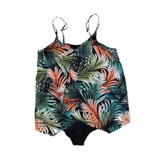 Women's Swim Solutions Plus Size Palm Print Tummy-Control One-Piece 24W New