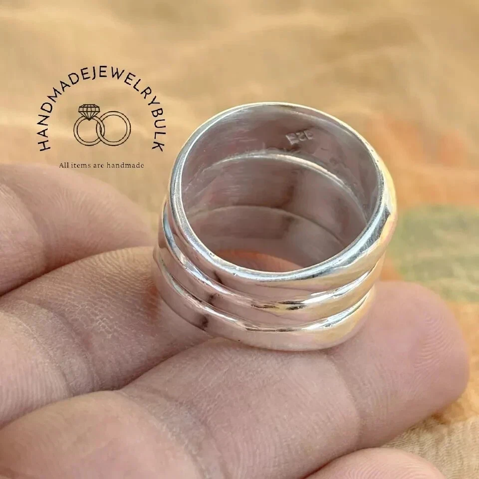 Triple Stack Silver Wide Statement Ring 925 Sterling Silver Dome Rings For Woman - Image 4 of 4