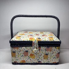 Vtg Blue Wicker Fabric Covered Padded Sewing Basket With Tray & Sewing Items