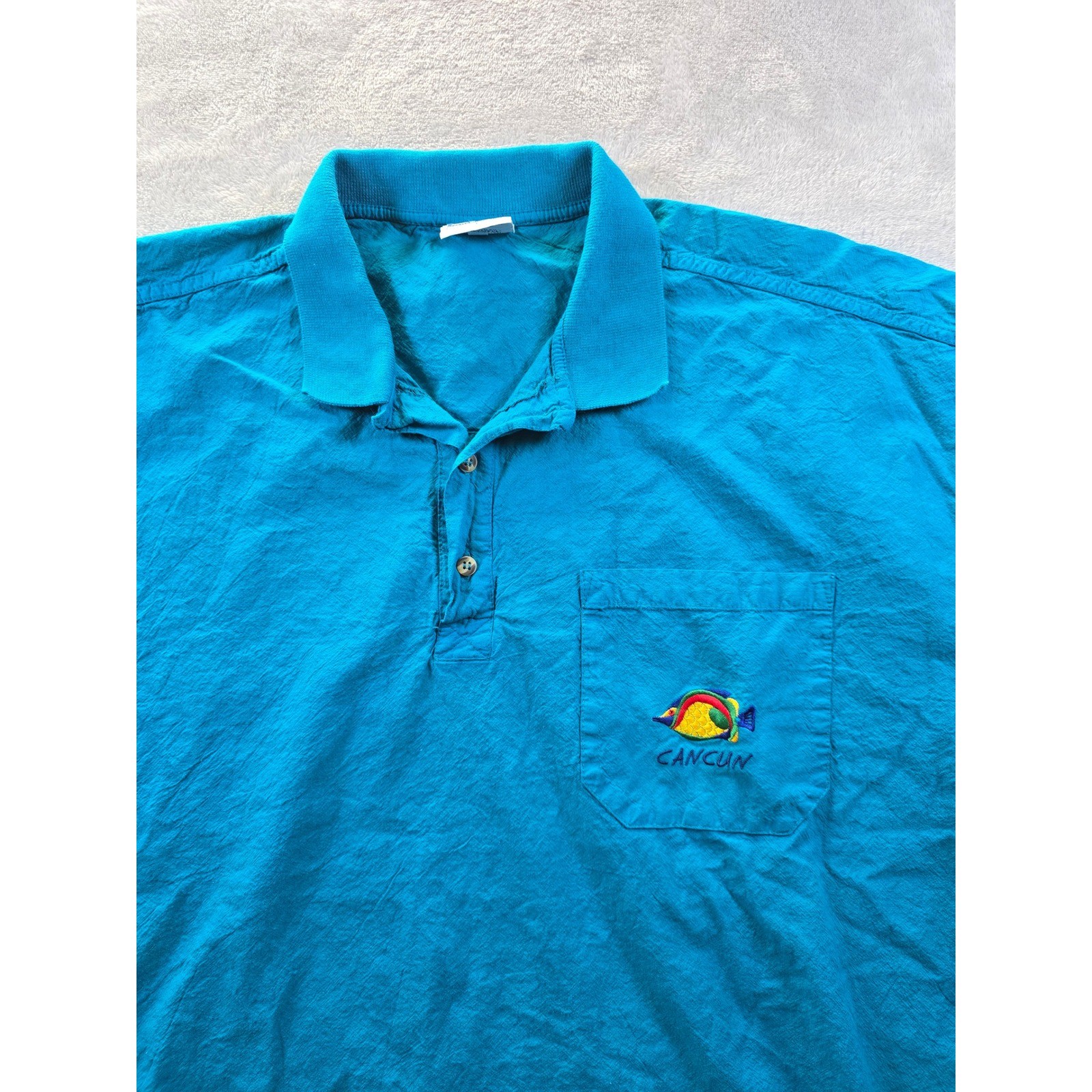 Vintage Cancun Polo Shirt Mens 2XL XXL Teal Fish Pocket Peer Peter Mussfeldt