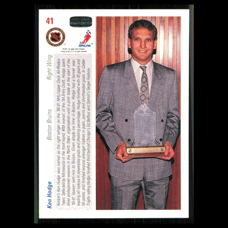 Ken Hodge #41 1991 Upper Deck Boston Bruins Hockey Card NHL NM - Image 2 of 3