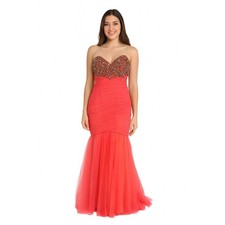 Cassandra Stone Coral Jeweled Sweetheart Mermaid Formal Gown Dress Strapless 4