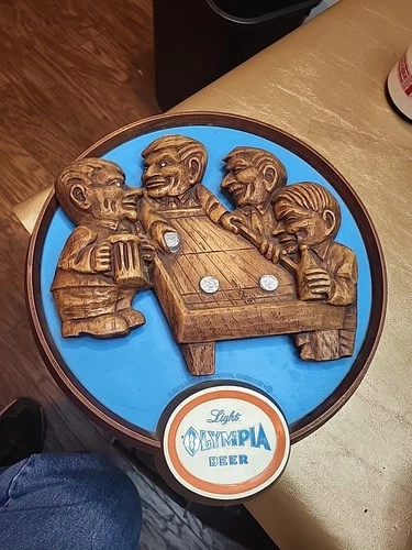 Vintage Light Olympia Beer 3D Men Playing Shuffleboard Plastic Wall Sign 13"x14"