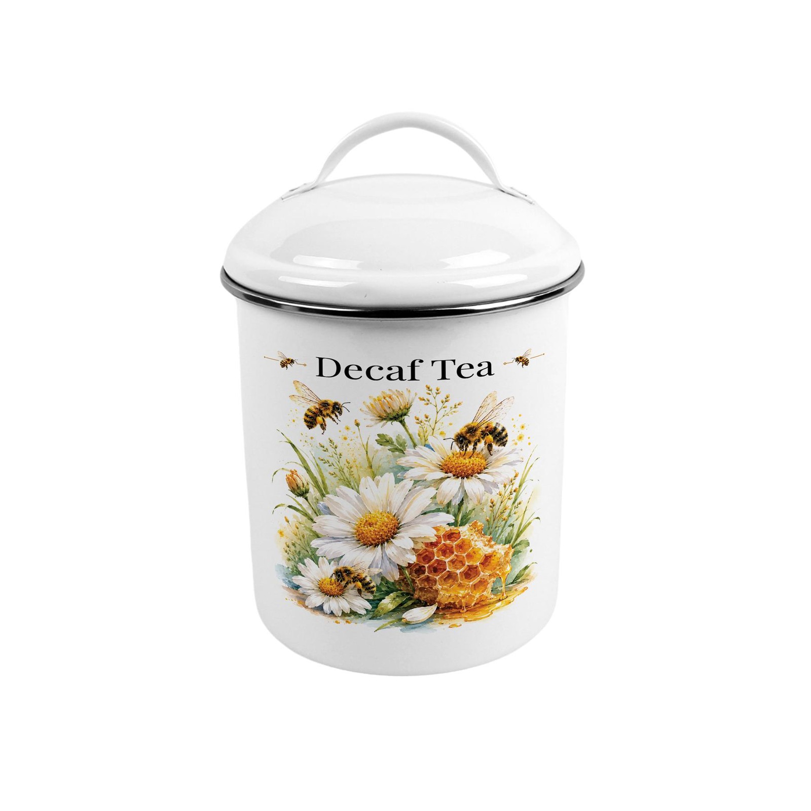 Daisy Bees Decaf Tea Canister - Medium Metal Kitchen Storage Tin with Handle