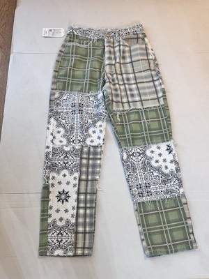 Womens Patchwork Jeans Check Paisley Green Beige Straight Size Small