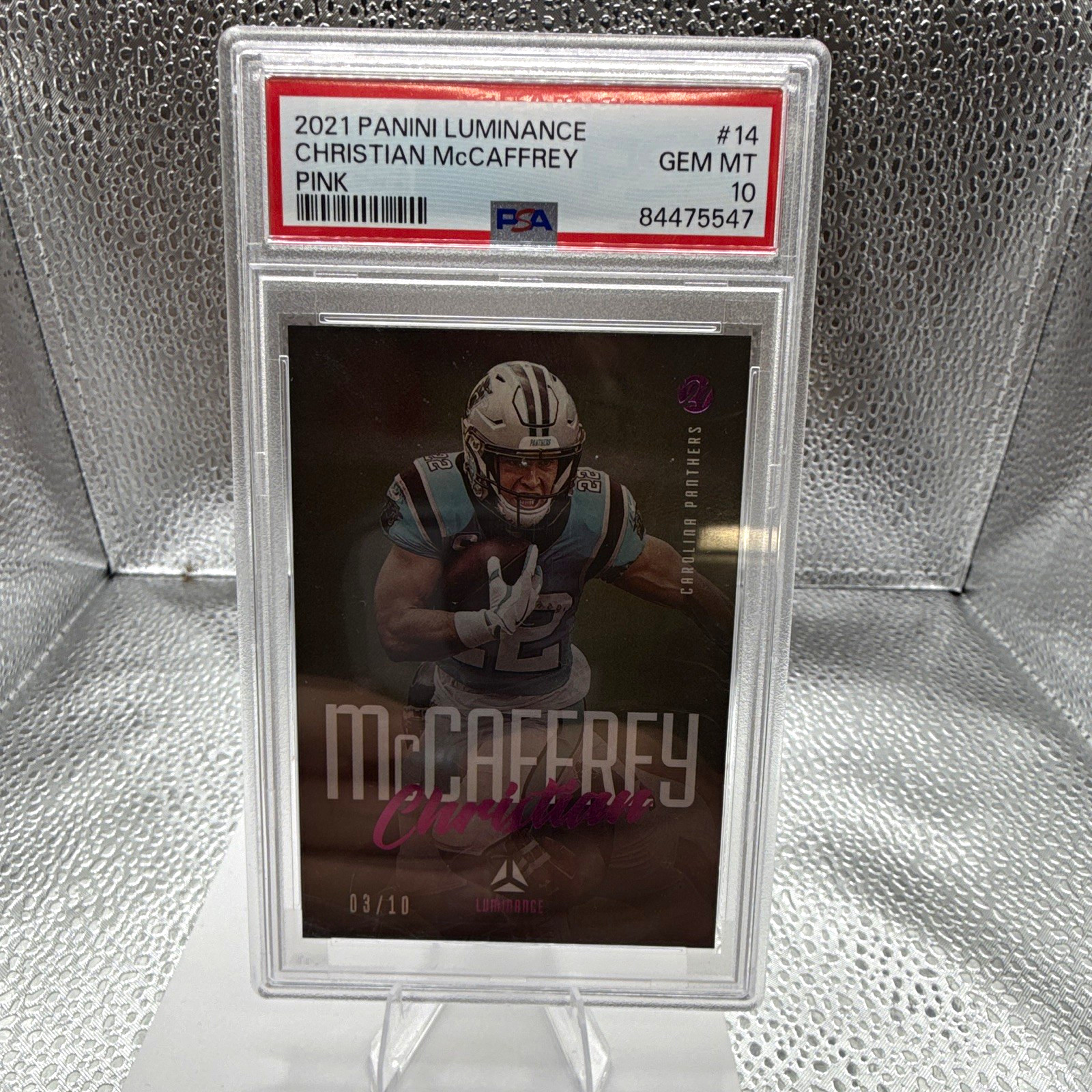 2021 Luminance Christian McCaffrey Pink 03/10 PSA 10 Panthers Pop 1 view 1