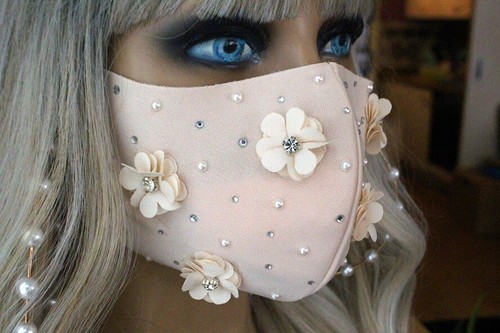 Stoffmaske Mund Nasen Schutz Maske Behelfsmaske Stoff nude Glitzer Strass Perlen - Bild 7 von 11