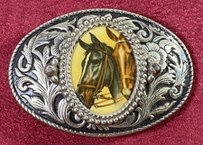 Vintage Western Belt Buckle with Porcelain Cameo Horses