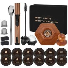 23Pcs Whiskey Smoker Kit with Torch-12 Wood Chips, Ice Ball Molds, Cocktail S...