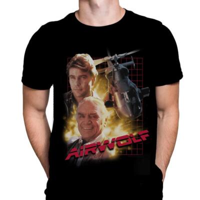 Wild Star Hearts Airwolf 80er Retro TV T-Shirt Schwarz Baumwolle Crew Neck