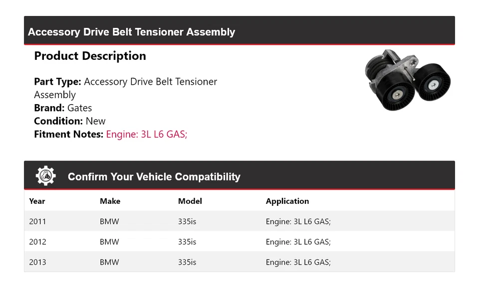 Para BMW 335is 2011-2013 3L L6 Accesorio Gas Correa de transmisión Tensor Montaje Puertas Foto 2 de 4