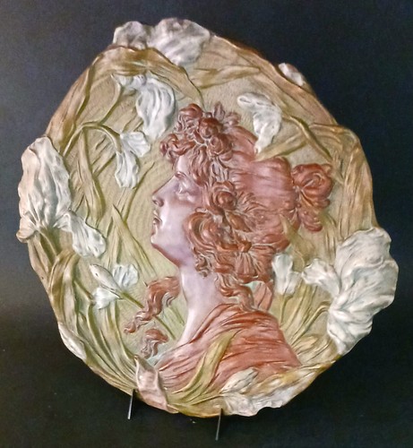 Antique Ernst Wahliss Austria Art Nouveau Pottery Wall Plaque Woman Flowers 13". - Picture 7 of 18