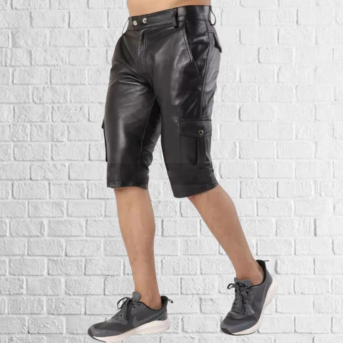 Men's Genuine Leather Real Lambskin Shorts Gym Cargo Shorts Pant Black All Sizes