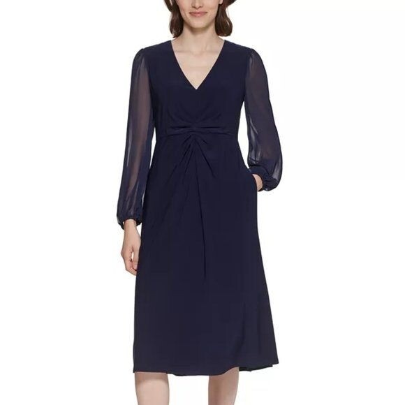 NWT Jessica Howard Navy Stretch Day Cocktail Chiffon Sleeve Midi Dress SIZE 