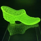Fenton Daisy & Button Slipper Shoe Figurine 6" Topaz Vaseline Uranium UV Glow