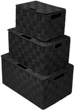 Set of 3 Black Woven Storage Baskets with Lids Mesh Hand-Woven Bins