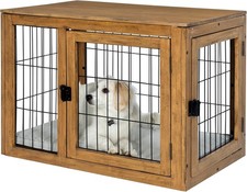Furniture-Style Dog Crate Acacia Wood Kennel Medium Dogs W/ Double Doors