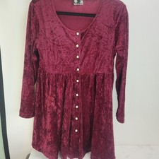 Vintage In Charge Crushed Velvet Dark Red Tunic Top Long Sleeve Medium D8