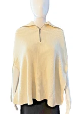 J Jill Cape Poncho Sweater 1/4 Zip Ribbed Knit Cream Cozy Winter OS S - L