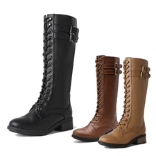 Women Low Heel Round Toe Military Combat Riding Knee High Boots