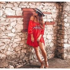 NEW Free People Sunbeams Off the ShoulderDress Embroidered Boho Red SZ M
