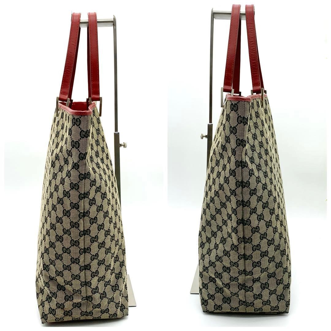 GUCCI GG Canvas Leather Tote Bag Beige Brown Red Large Authentic Classic thumbnail 4