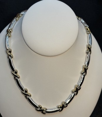 Vintage Napier Two Tone Hugs Kisses XO Link Necklace 17-18  Silver Gold Tones 