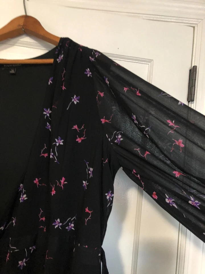 Vestido envolvente Banana Republic manga larga cuello en V negro floral boda invitada talla 14 Foto 3 de 4