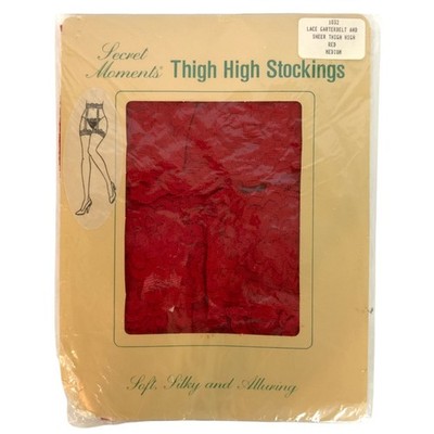 Secret Moments Thigh High Stockings Red Lace Top Garterbelt Sheer Nylon Vintage