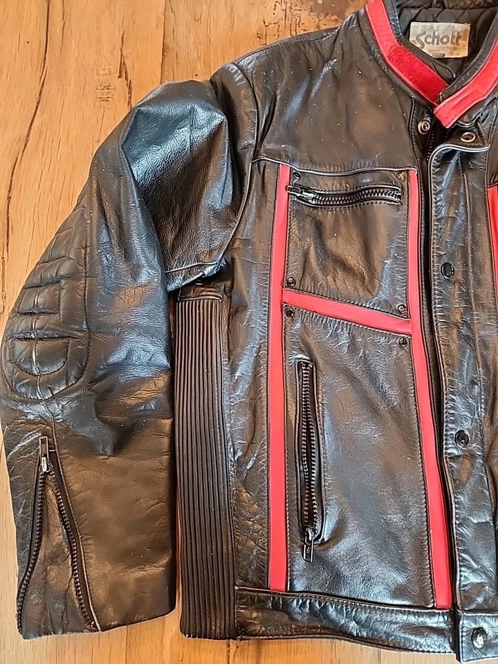 肖特黑色带红色摩托车皮革夹克复古男式 42  — 第 3/4 张图片