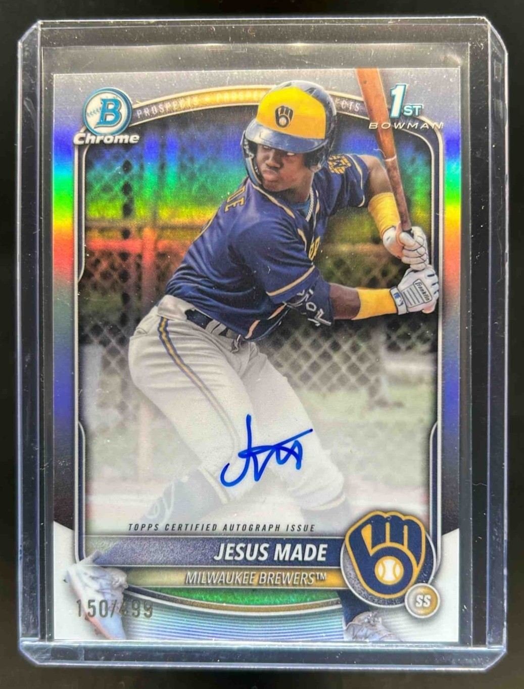 2025 Bowman Jesus Made Chrome Auto Refractor 1st Prospect #150/499 Brewers