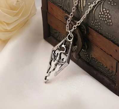 The Elder Scrolls SKYRIM Dragon Silvertone Necklace Pendant and Chain