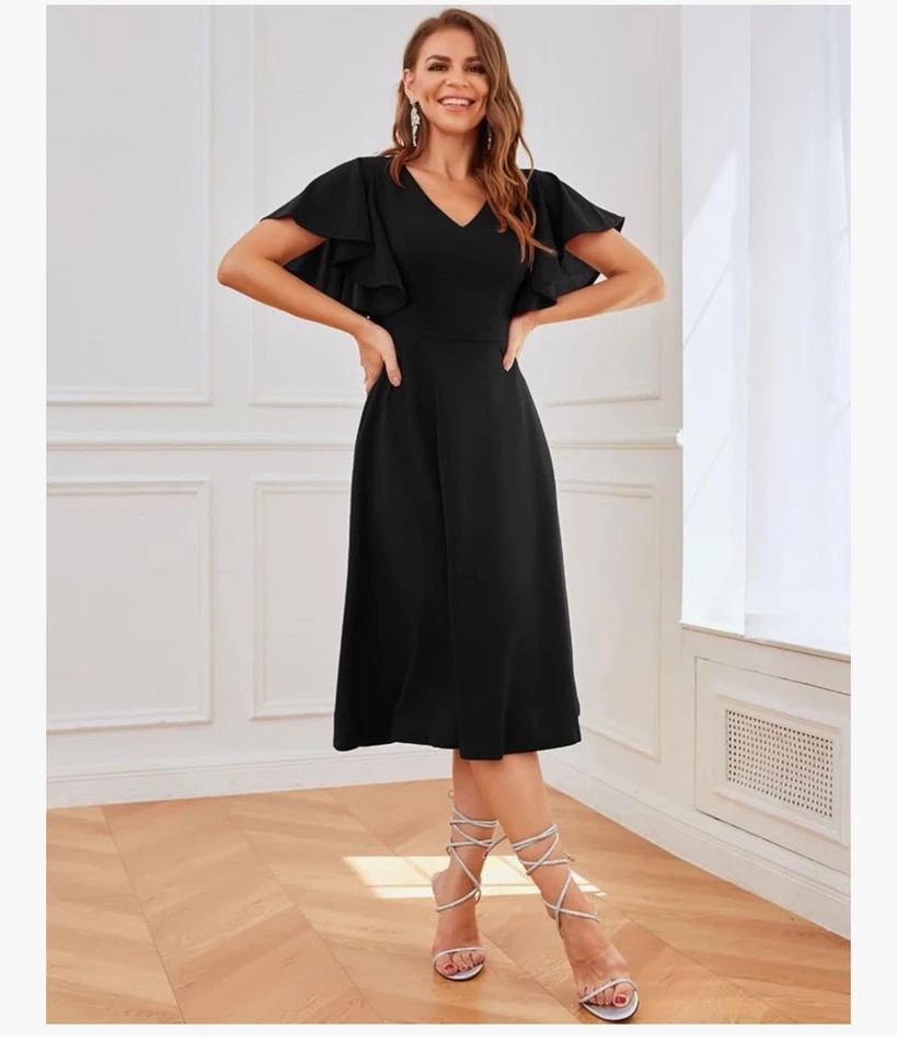 Bridesmay Black Dresses Sparkly Formal Dress Tea Length Funeral Dresses 3XL - Image 2 of 4