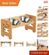 Adjustable Elevated Dog Bowl for Small Pets - Bamboo Feeder with Stainless St...