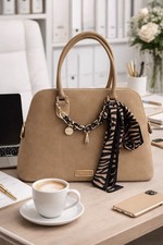 Carvela Beige Designer Structured Handbag Gold Chain Detail Zebra Scarf Tote Bag