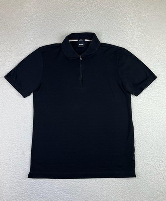 BOSS Hugo Boss Polo Shirt Mens XL Black Solid 1/4 Zip Slim Mercerised Cotton