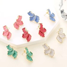 Women Geometric Flower Stud Earrings Gold Enamel Blue Green Red Pink