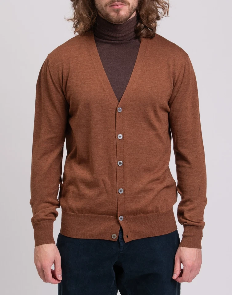 RRP€294 BALLANTYNE BASIC Wool Cardigan IT50 US40 L Brown Thin Long Sleeve Y-Neck — 第 3/4 张图片