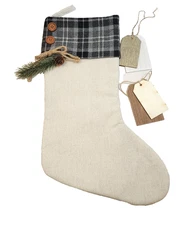 Personalization Mall Gray Plaid Evergreen Accent Tag Rustic Christmas Stocking