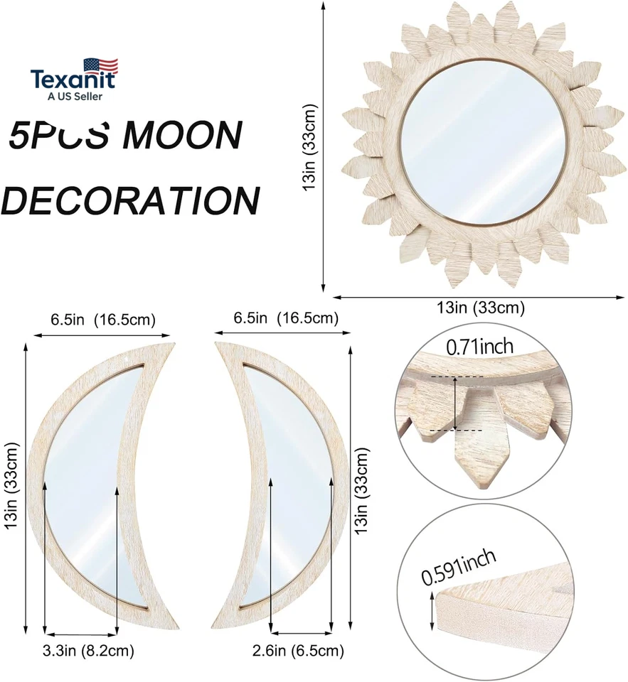 5 Pieces Moon Phase Mirror Wall-Mounted Wall Decor Mirrors Natural Wooden Sunbur - Image 3 of 4