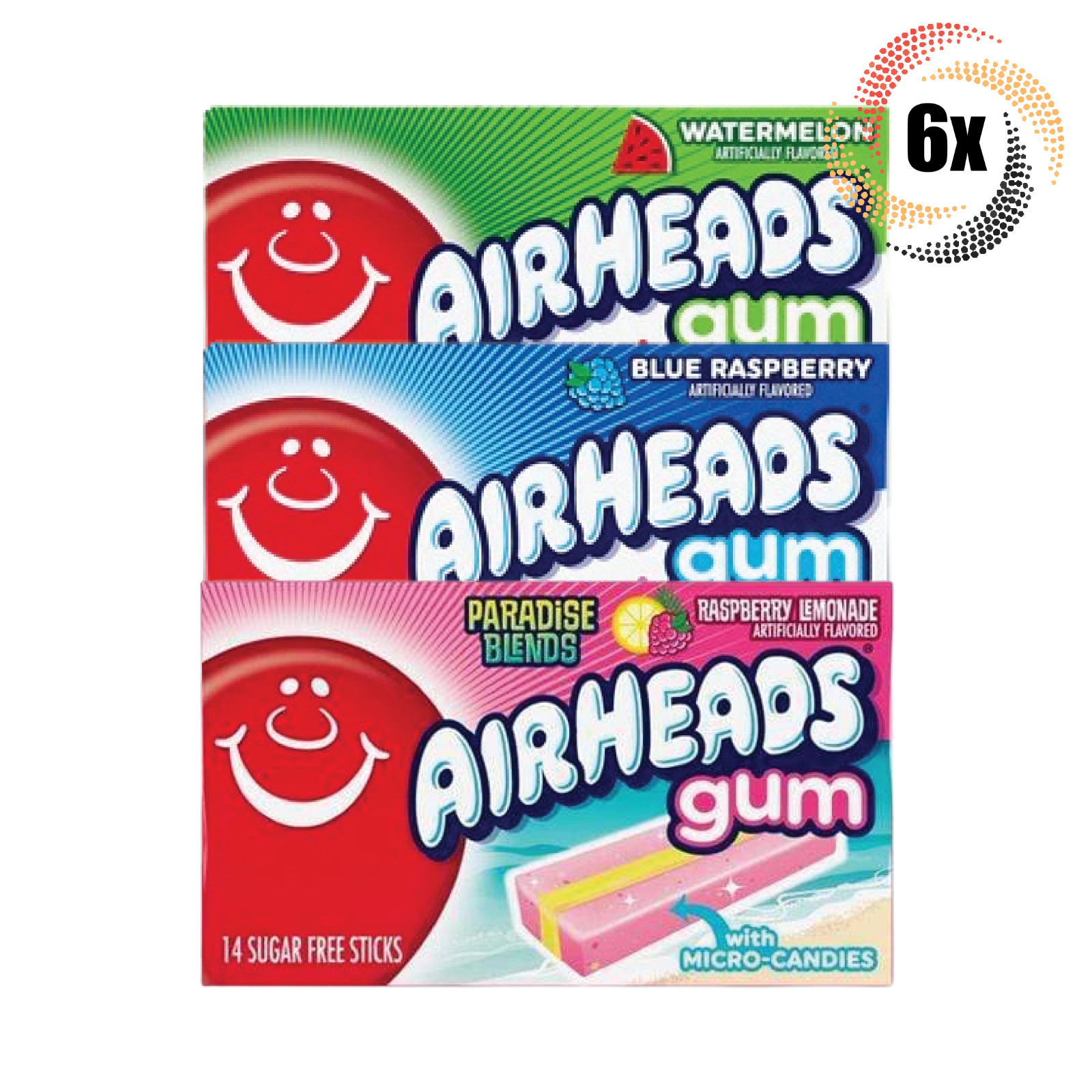 6 упаковок жевательной резинки с различными вкусами Airheads | 14 палочек в упаковке | Смешивайте и сочетайте вкусы!