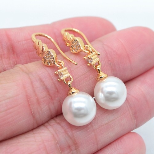 18K Yellow Gold Filled Women Classic Round White Ball Pearl Dangle Earrings - Picture 11 of 36