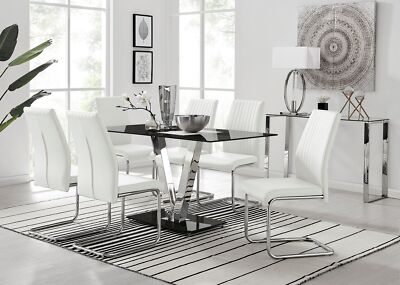 FLORINI 'V' Chrome Black Glass Dining Table Faux Leather