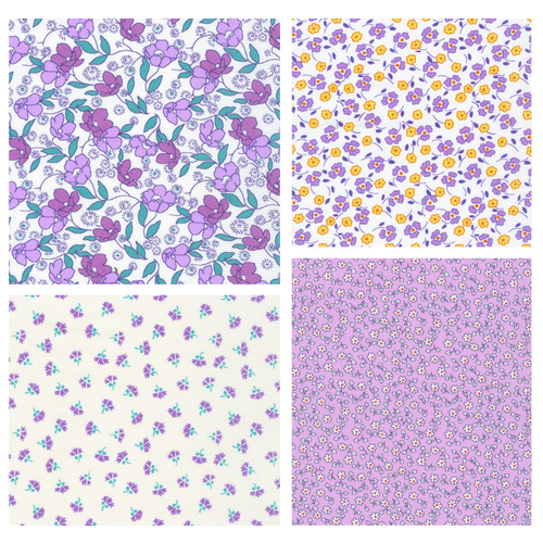 Little Blossoms 1930's purple floral Kaufman cotton quilt fabric - 4 Fat 16ths