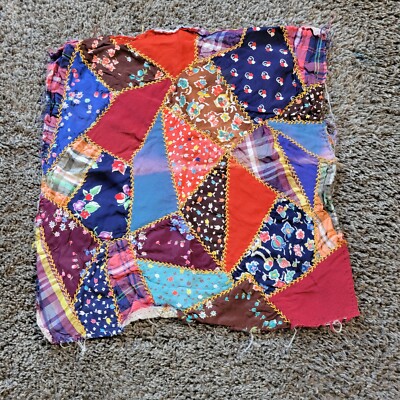 Vtg Handmade Solid & Floral Fabric Crazy Quilt Block Pillow Top