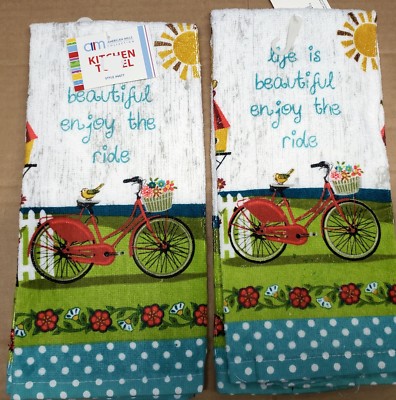 2 PRINTED KITCHEN TOWELS (15''x25'') LIFE IS BEAUTIFUL, ENJOY THE RIDE ON BIKE, AM